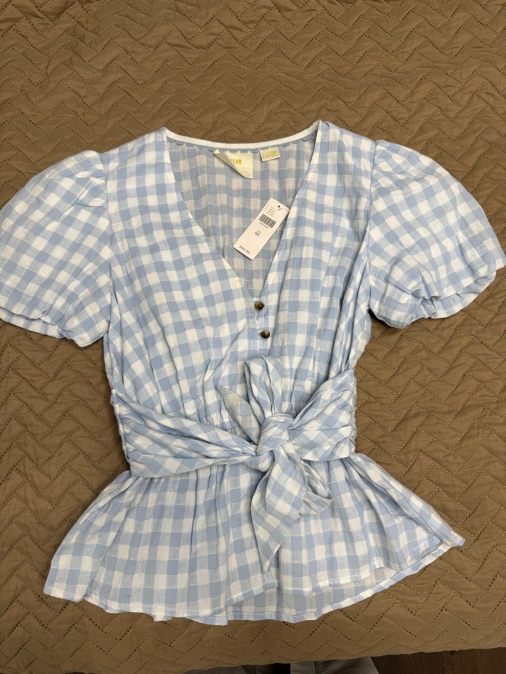 Maeve Light Blue & White Gingham Tie-Waist Blouse